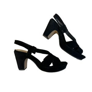 Unlace Strappy Sling Back‎ Sandal Black Suede 1" Platform 3.5" Cuban Heel SZ 7.5